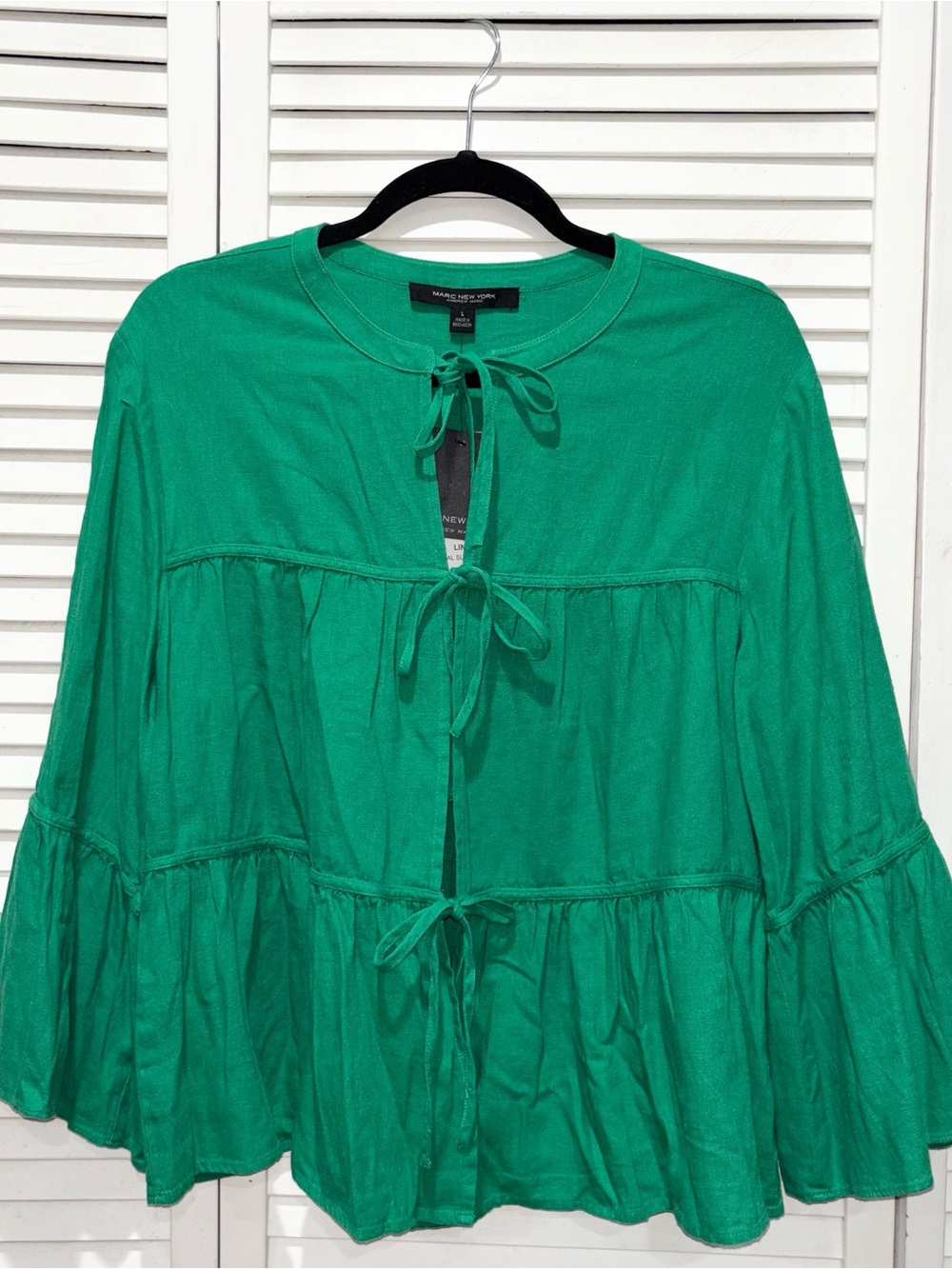 Marc New York Andrew Marc Green Tie-Front Tiered Ruffled Women’s Top
